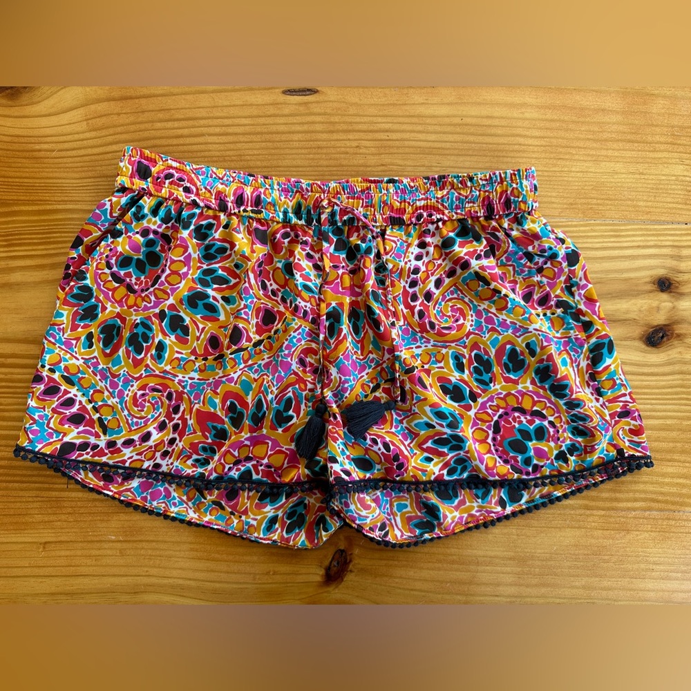 NWOT Calypso St. Barth elastic waist printed palm tassel trim shorts, sz S